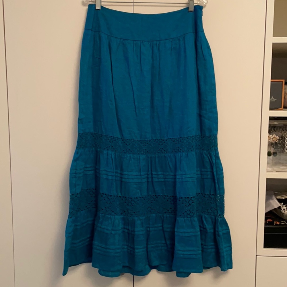 J JILL BNWT Linen Maxi Skirt Teal Tucks Lace 8
